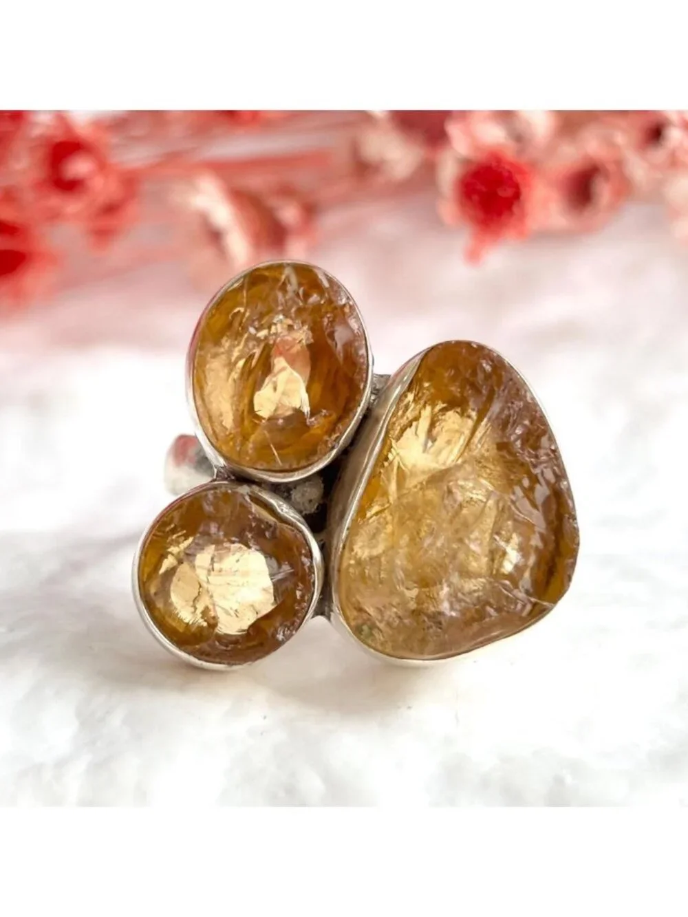 Rough Cut Citrine Semi Precious Sterling Silver 925 Vintage Ring - sz 7.75